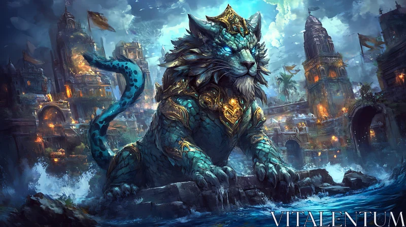 AI ART Mythical Lion-Dragon Guarding the City