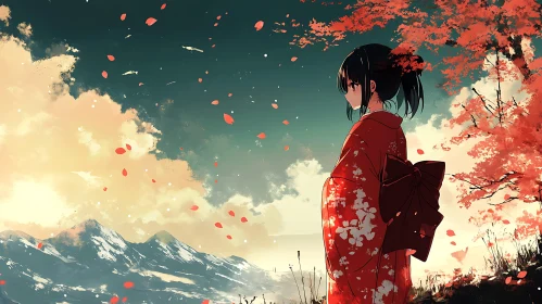 Tranquil Anime Landscape featuring Kimono-Clad Woman