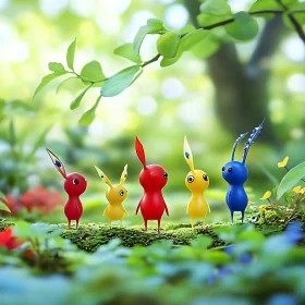 Whimsical Pikmin Gathering in Forest