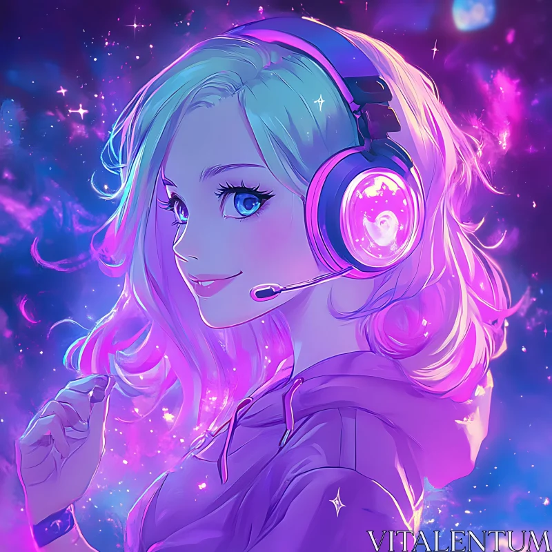 Futuristic Neon Headphones and Galaxy-Themed Anime Art AI Image