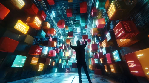 Neon Cube Abstract with Figure