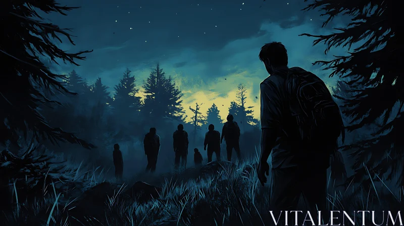 Figures in Forest at Night AI Image