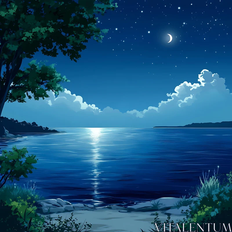 Serene Night Seascape with Moonlight AI Image