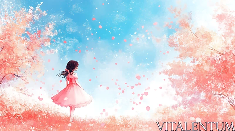 Anime Girl in Pink Dress Amidst Cherry Blossoms AI Image