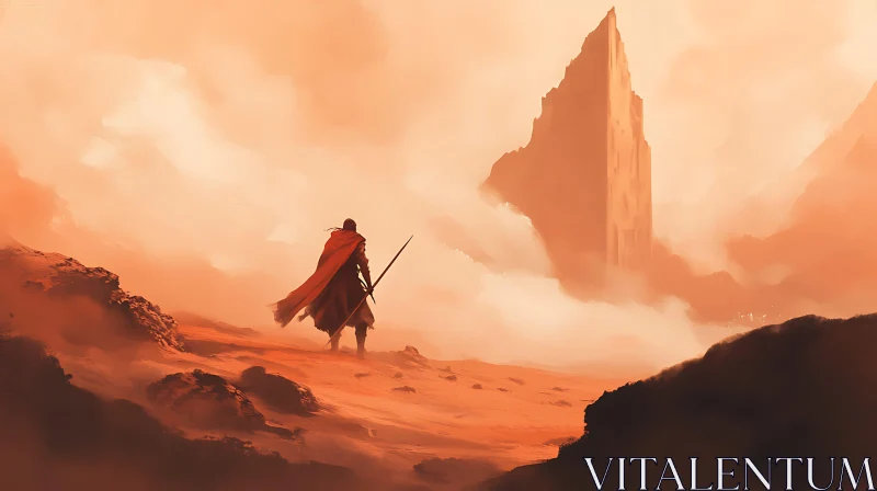 AI ART Lone Warrior Gazing at Distant Tower