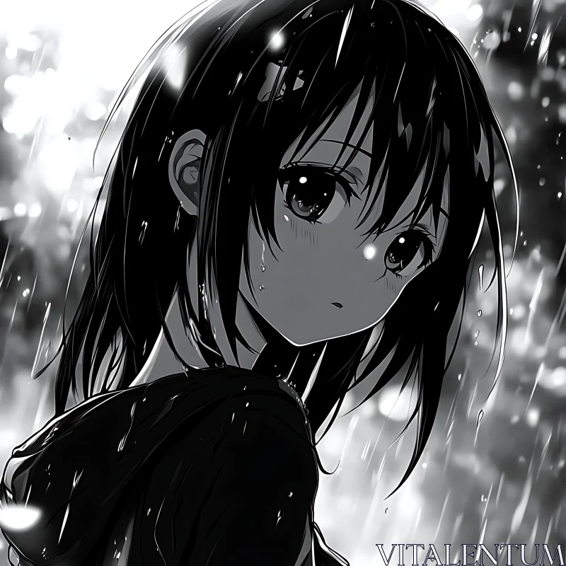 Somber Anime Portrait in Black and White Rain AI Image