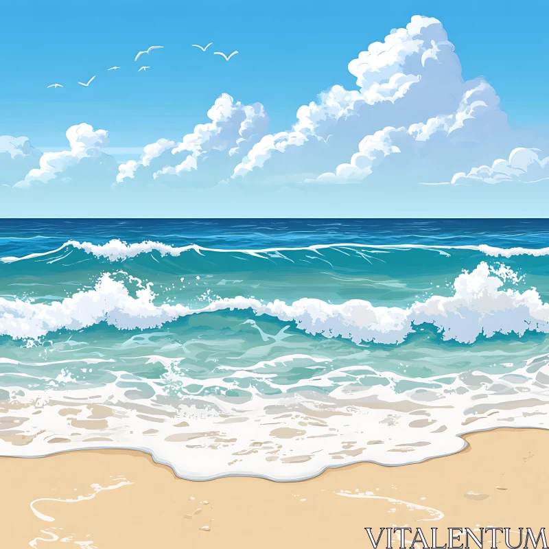 AI ART Coastal Calm: Waves and Beach