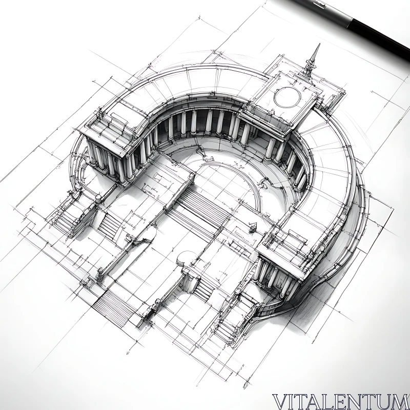 Architectural Blueprint of Semicircular Building AI Image