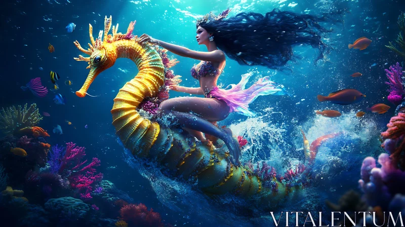 AI ART Underwater Fantasy with Mermaid and Seahorse