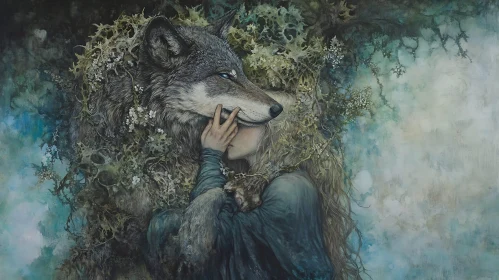 Mystical Embrace: Girl with Wolf Artwork