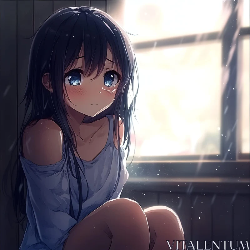 AI ART Thoughtful Anime Girl in Serene Morning Light