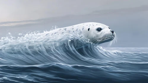 Seal Riding Wave Ocean Scene