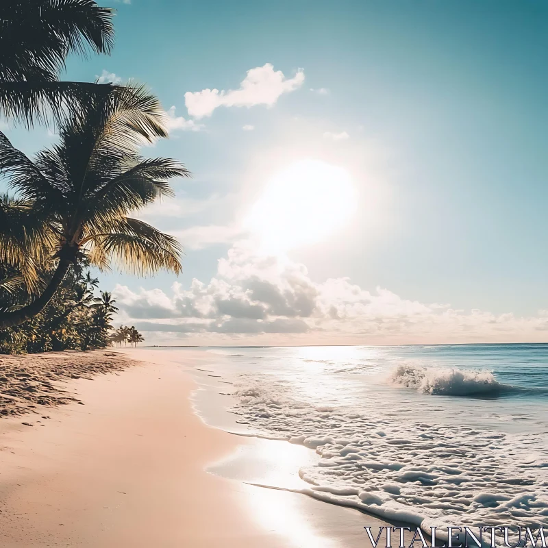 Coastal Paradise: Palm Trees and Gentle Waves AI Image