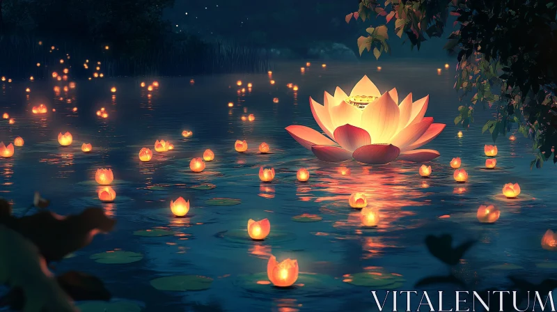 Serene Nighttime Lotus and Candle Display AI Image