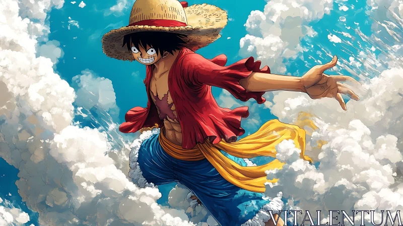 Anime Character in Straw Hat Surrounded by Clouds AI Image