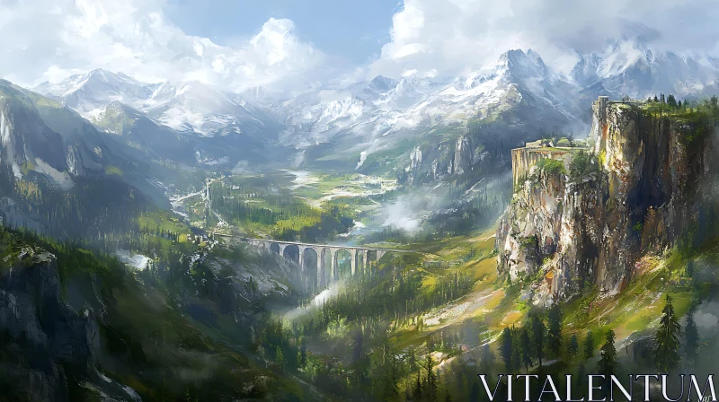 Serene Mountain Landscape Painting AI Image