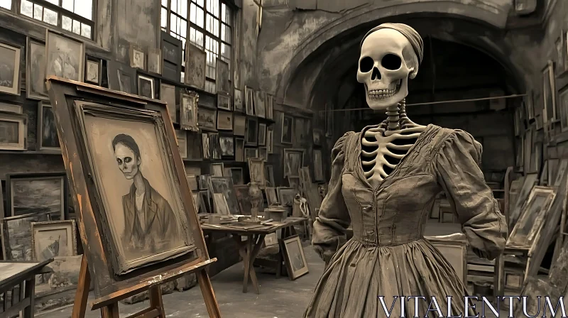 Vintage Skeleton Portrait in Art Gallery AI Image