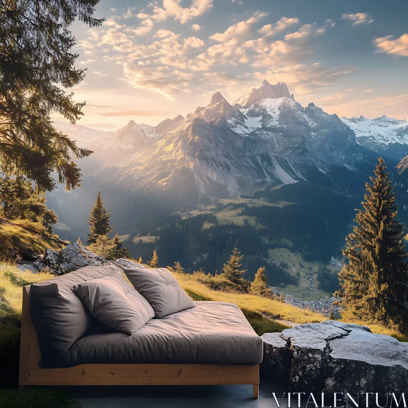 Scenic Mountain Landscape with Outdoor Seating AI Image