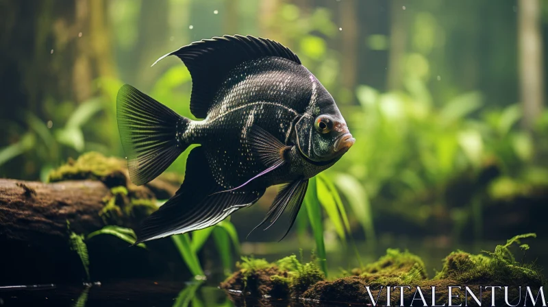 Black Angel Fish in a Verdant Forest Pond: A Gothic Baroque Fusion AI Image