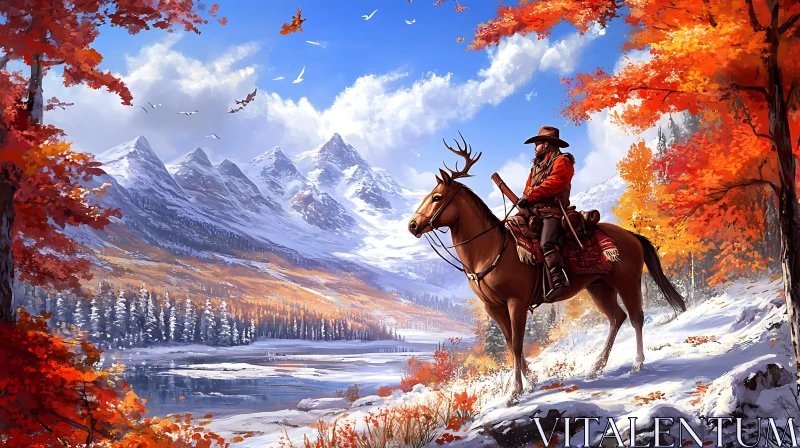 AI ART Autumnal Cowboy on Horseback in Mountains