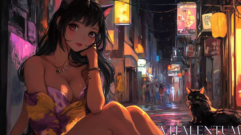 AI ART Girl with Cat Ears in a Neon-lit Street