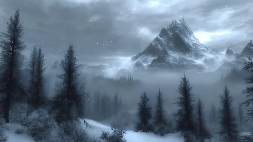 Snowy Mountain Vista in Winter Fog