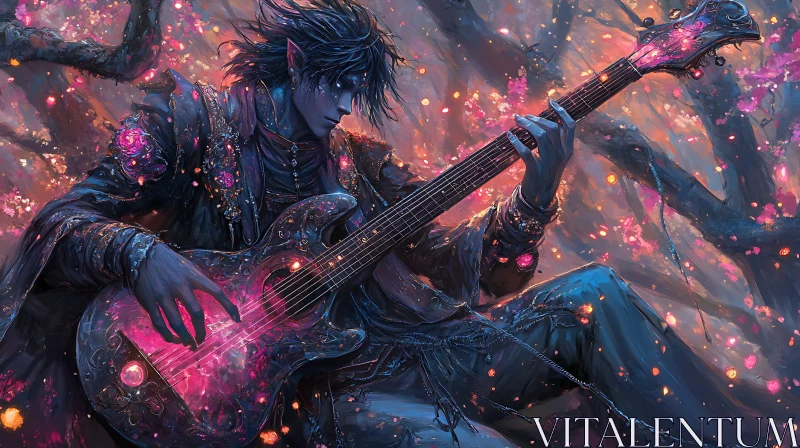 AI ART Mystical Elf Guitarist in Blooming Ambiance