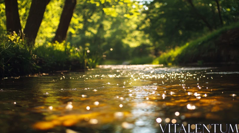 Tranquil Sunlit Forest Stream AI Image