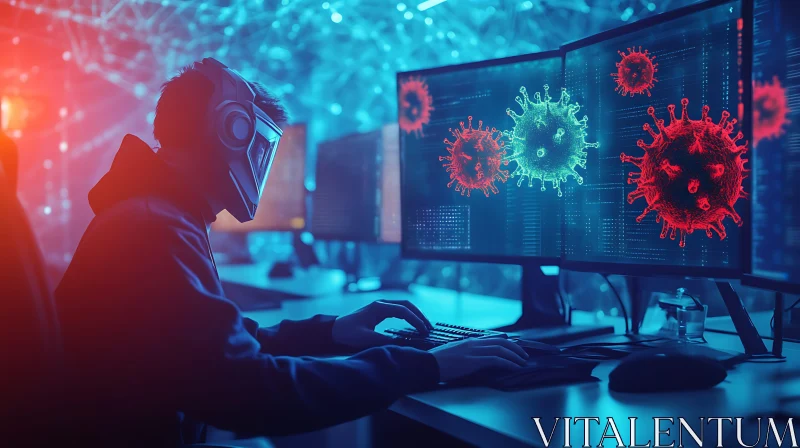 Cybersecurity Specialist Battling a Digital Virus AI Image