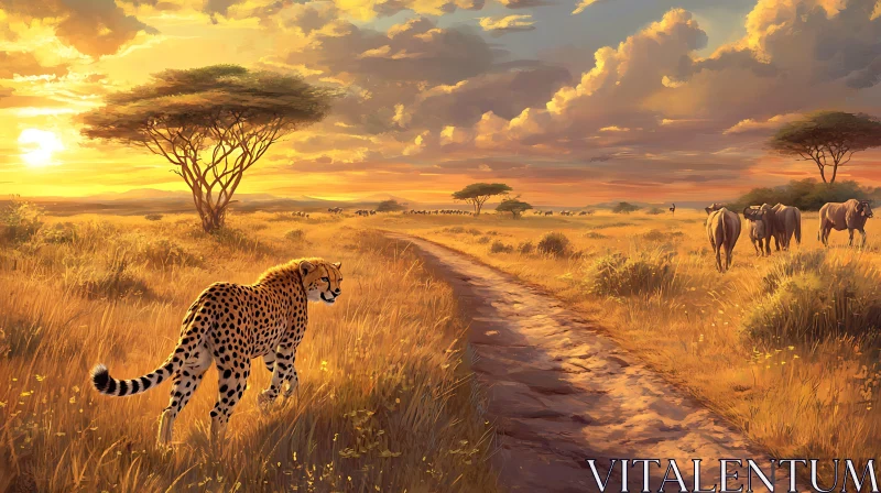 AI ART Golden Savanna: Cheetah's Sunset Stroll