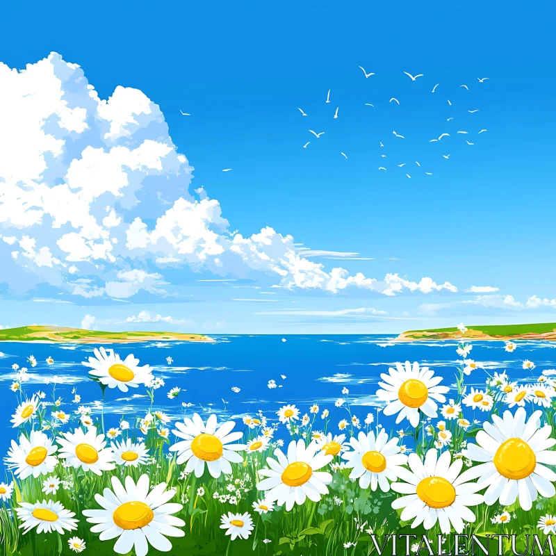 White Daisies and Blue Seascape AI Image