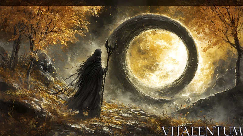 AI ART Mystical Passage: Cloaked Figure and Portal