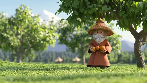 Cartoon Gnome in a Green Field