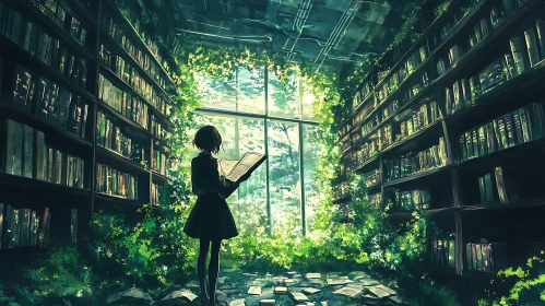 Literary Sanctuary: Girl Reading Amidst Verdant Library