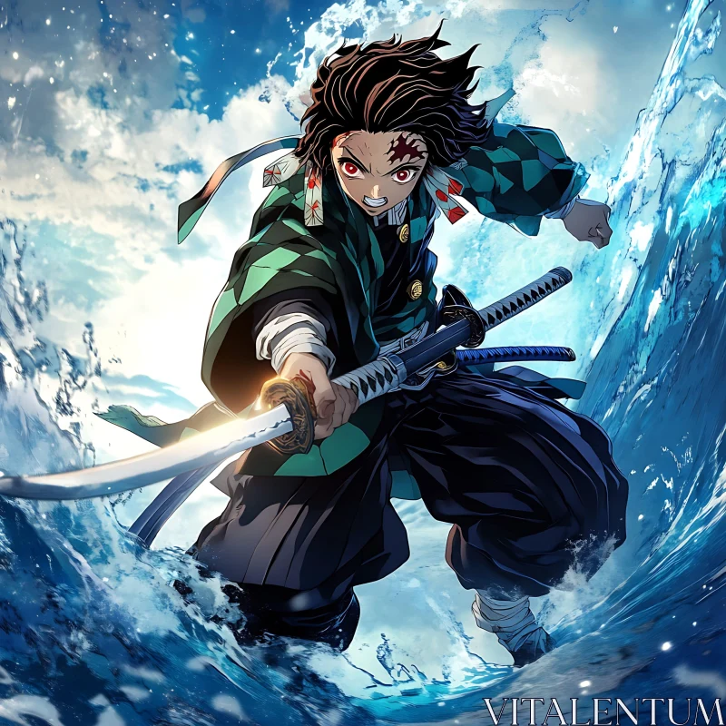 Dynamic Anime Samurai Wielding Sword Amidst Splashes AI Image