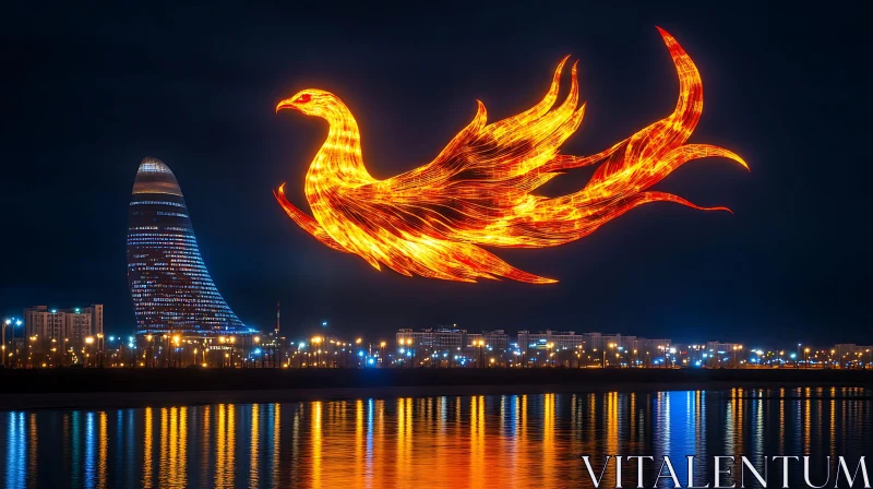 Night Cityscape with Fiery Phoenix AI Image