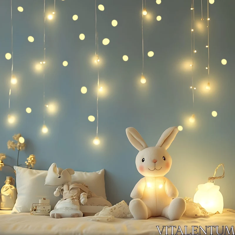 Plush Bunny with Fairy Lights Decor AI Image