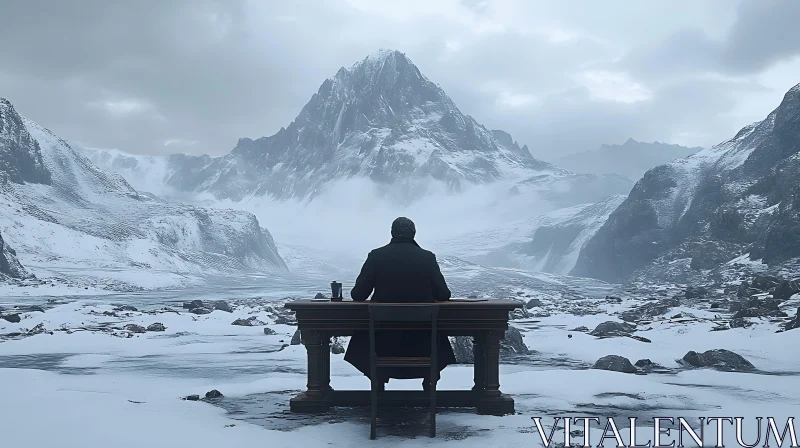 Man at Desk in Snowy Mountains AI Image