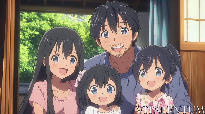 Anime Family with Loving Father and Daughters AI Image