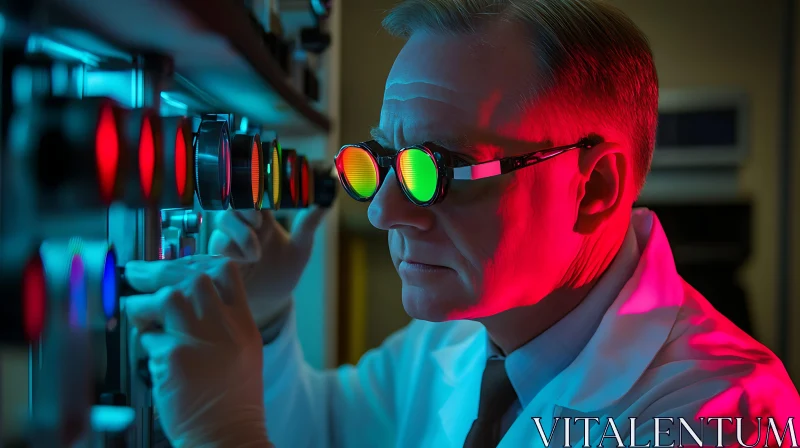 Scientist Analyzing Equipment Under Colored Lights AI Image