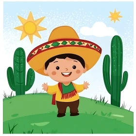 Cartoon of Boy in Sombrero with Cacti