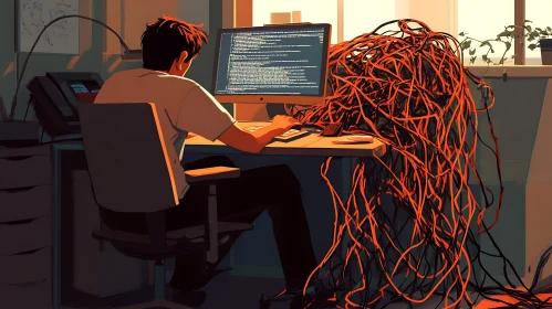 Coding Workspace with Tangled Cables