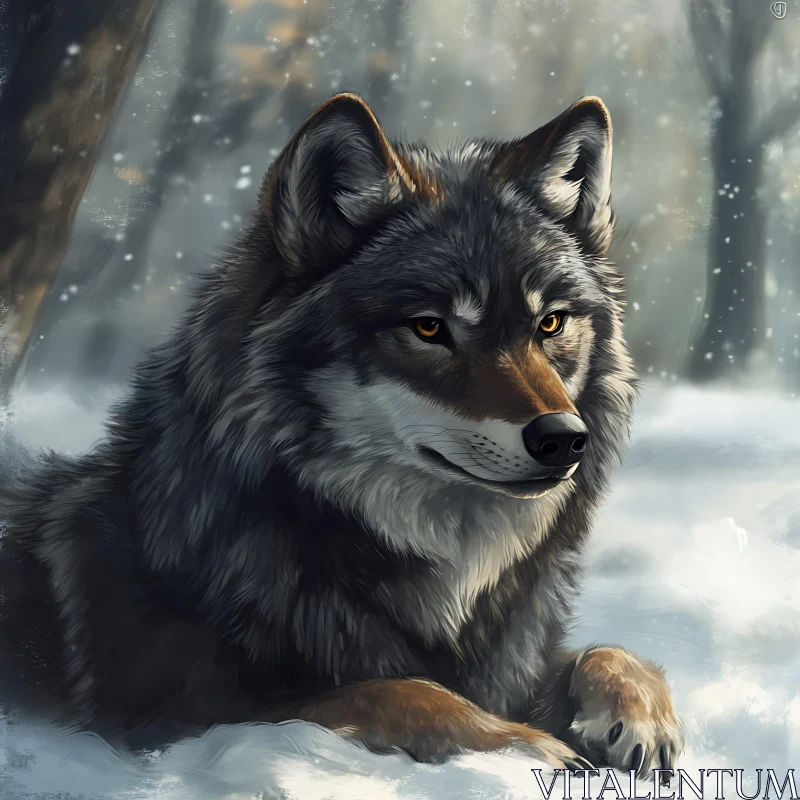 Resting Wolf in Snowy Woods AI Image