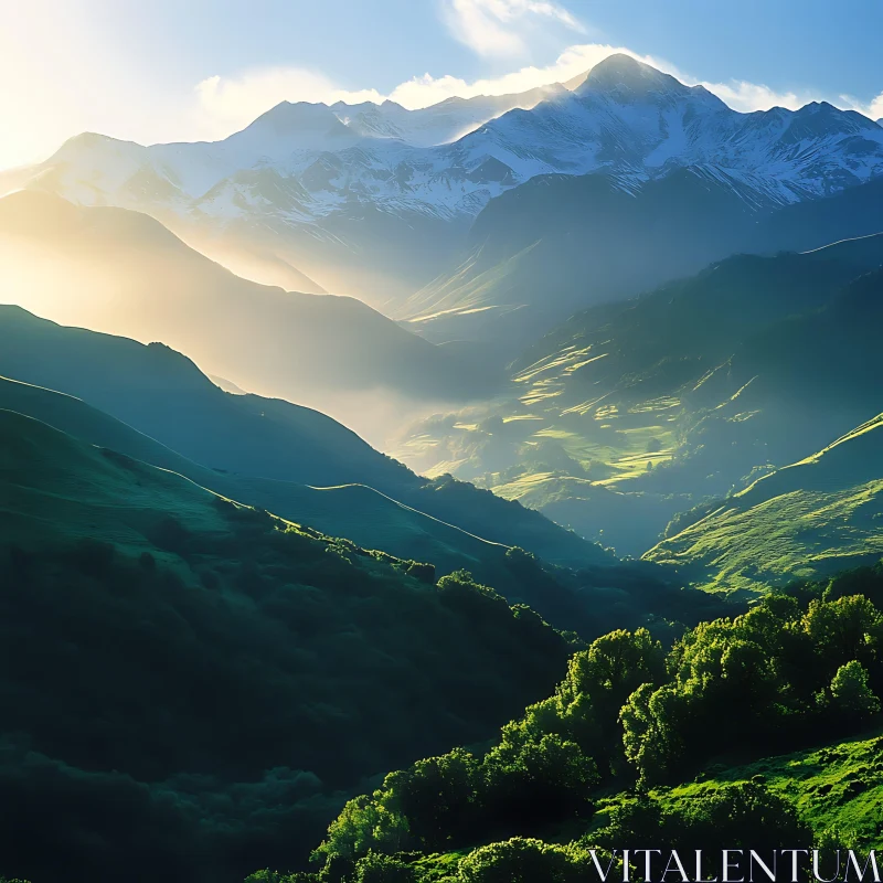 Serene Mountain Landscape with Green Hills AI Image