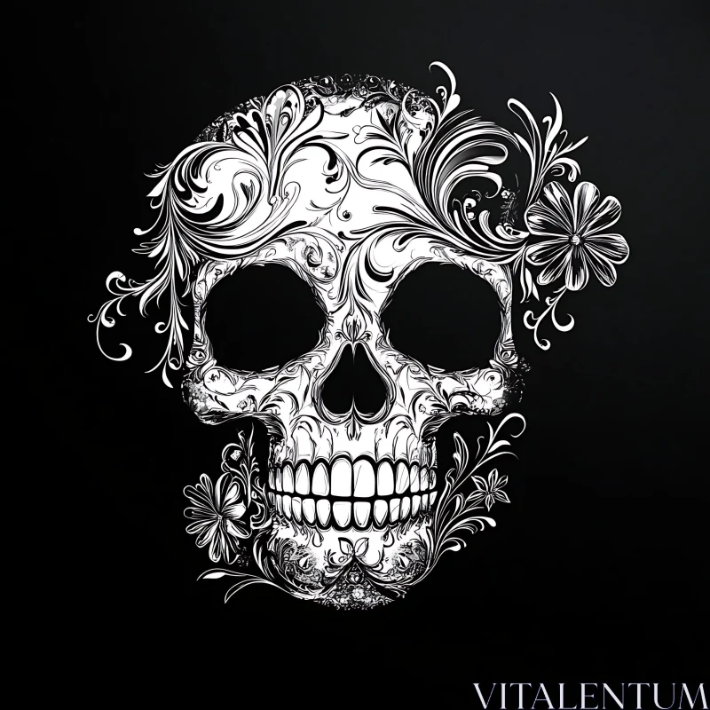 AI ART Ornate Skull with Floral Elements