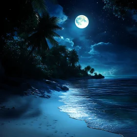 Nighttime Beach Scene with Full Moon