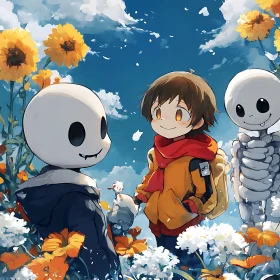 Anime Characters Amidst Sunflowers and Blue Sky