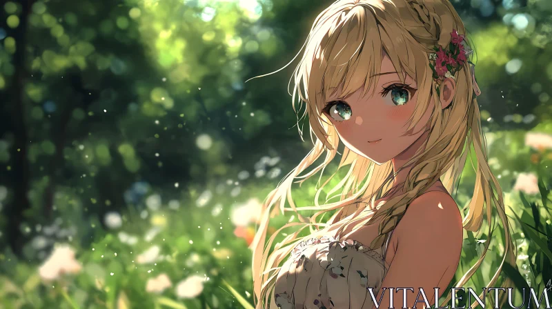 Anime Portrait of Blonde Girl in Nature AI Image