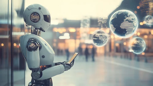 Futuristic Robot Holding Tablet