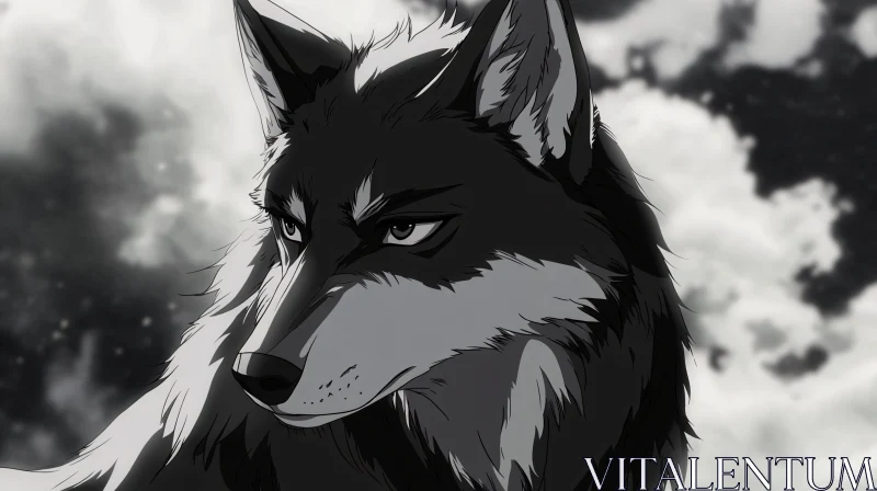 Monochrome Wolf Gaze Anime Illustration AI Image